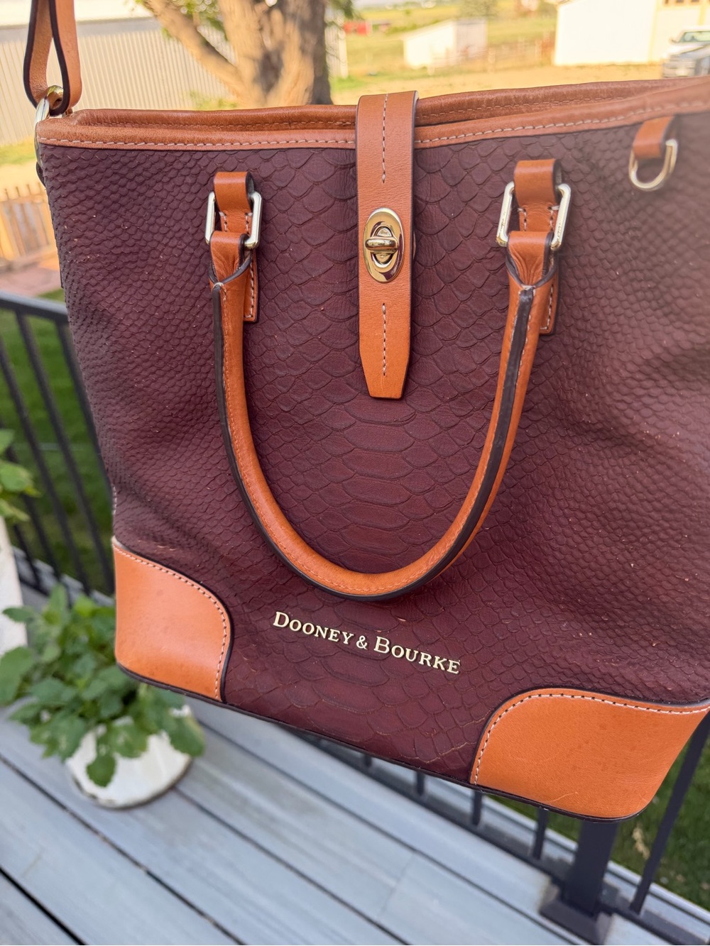 Dooney & Bourke Cranberry Brown Python Textured Tote with Vachetta Trim